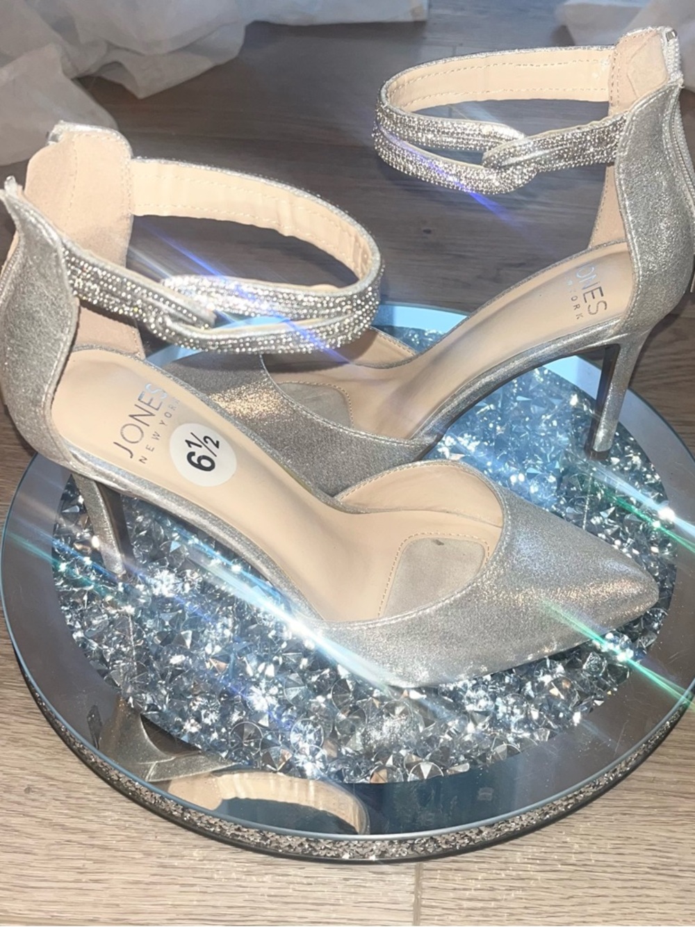 Jones New York Silver Glitter Ankle-Strap Stiletto Heels